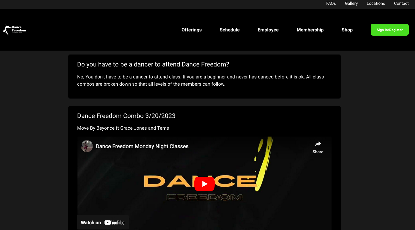 Dance Freedom website screenshot highlighting embedded video in a FAQ.