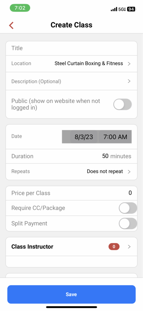 SmartCore Mobile App Edit Class Screenshot